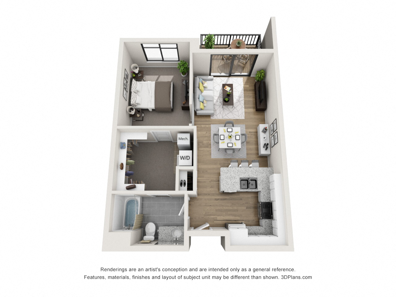 Floor plan for 1 bed, 1 bath, 728 sqft